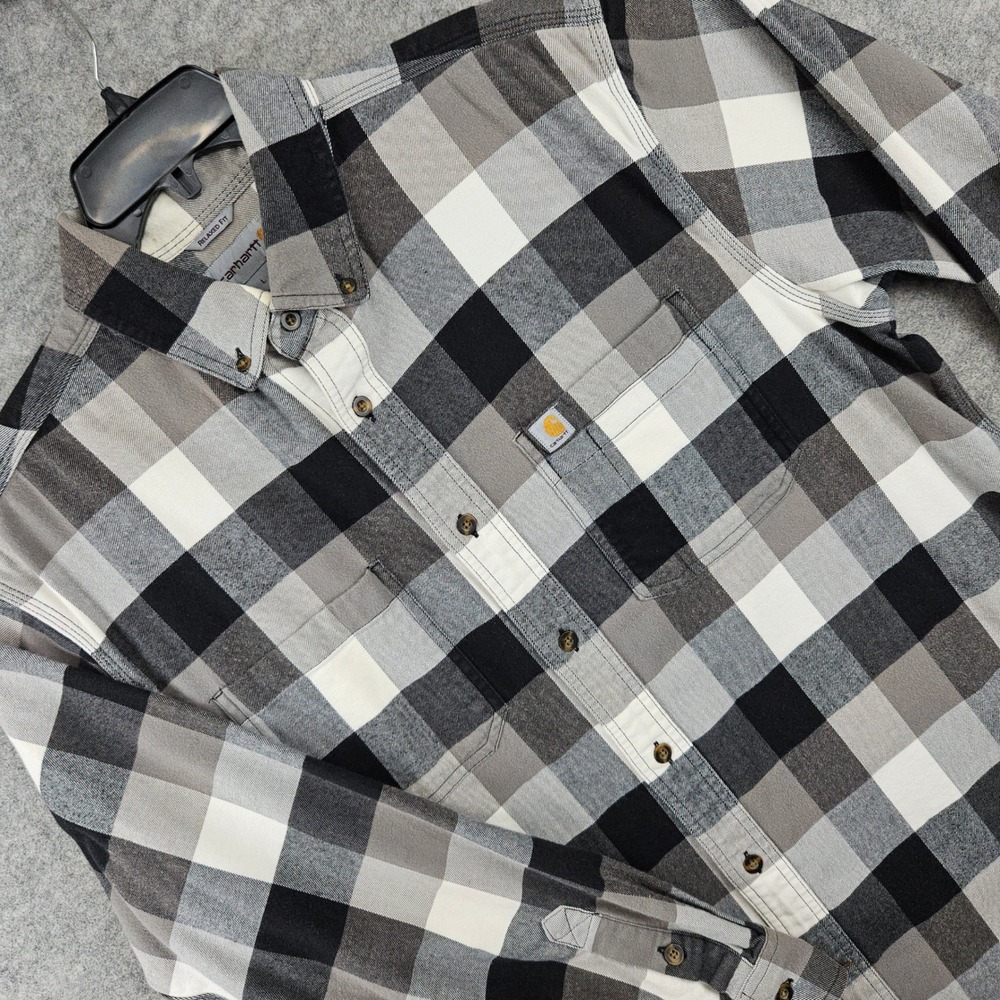 Carhartt Plaid Flannel Shirt Mens Large Gray Black Relaxed Fit Workwear Gorpcore - Picture 1 of 9